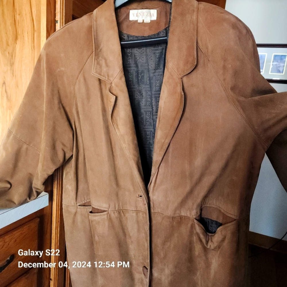 Ladies Brown Suede Leather Duster Coat